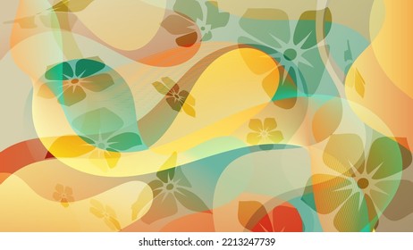 Bright colorful vintage floral wallpaper. Translucent art flowers on a background of overlapping wavy shapes and mixing colors. Template for your projects. Vector.
