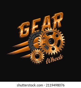 Bright Colorful Vintage Label With Copper Gear Wheels And Text. Emblem In Steampunk Style. Dynamic Motion Of Gears