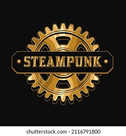 Bright colorful vintage label with glossy gold gearwheel and horizontal space for text. Round emblem in steampunk style.