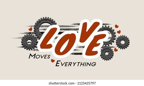 Bright colorful vintage label with gray gear wheels, word Love on grunge paint brushstrokes. Dynamic motion of lines.