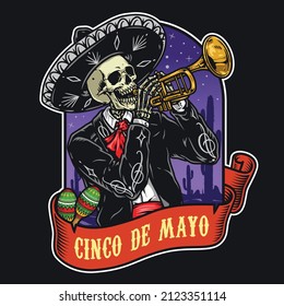 Bright colorful vintage label with skeleton musician in charro outfit and sombrero playing trumpet against cactus at night, Cinco de Mayo inscription on ribbon with maracas, vector illustration