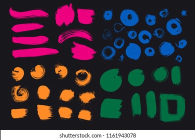Bright colorful vivid, cheerful, optimistic ink brush strokes, blots, sprinkles, dabs. Set of hot pink, blue, marigold, dark green colored design elements. Hawaiian vector creative handmade collection