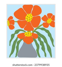 Bright colorful wall art. Hand drawn doodle flower in vase, Henri Matisse style inspired drawing