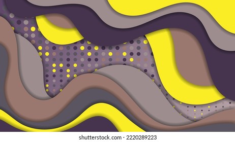 Bright colorful wallpaper with 3D effect. Overlapping beige, purple, brown, yellow wavy glitter shapes on a textured background. Template for your projects. Vector.