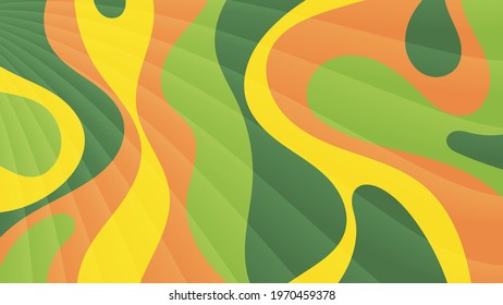 bright colorful wallpaper. translucent flowing stripes on a background of overlapping yellow, orange, green abstract shapes with wavy edges. vector