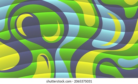 Bright colorful wallpaper. translucent wavy stripes against a background of overlapping yellow-blue-green-purple flowing shapes. Vector. 