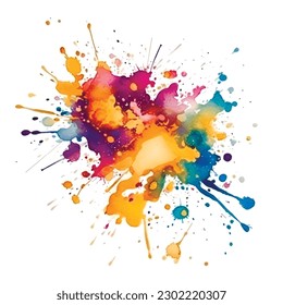 Bright colorful watercolor splash splatter stain brush strokes on white background. Modern vibrant aquarelle spot. Rainbow trendy isolated design on white. Element. Vector watercolor illustration.