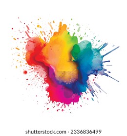 Bright colorful watercolor splash splatter stain brush strokes on white background. Modern vibrant aquarelle spot. Rainbow trendy isolated design on white. Element. Vector watercolor illustration.