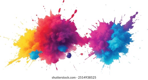 Bright colorful watercolor splash splatter stain brush strokes on white background. Modern vibrant aquarelle spot. Aquarelle explosion on white. Element. Vector watercolor illustration isolated design