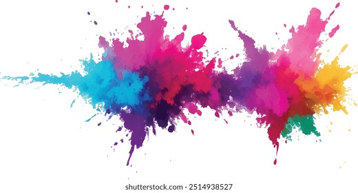 Bright colorful watercolor splash splatter stain brush strokes on white background. Modern vibrant aquarelle spot. Aquarelle explosion on white. Element. Vector watercolor illustration isolated design