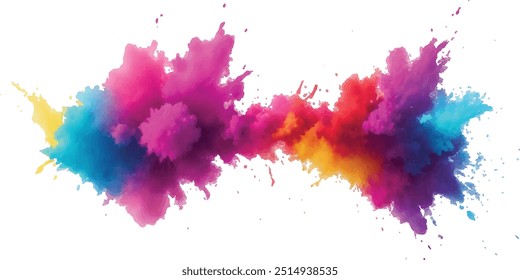 Bright colorful watercolor splash splatter stain brush strokes on white background. Modern vibrant aquarelle spot. Aquarelle explosion on white. Element. Vector watercolor illustration isolated design