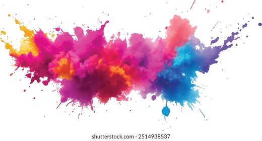 Bright colorful watercolor splash splatter stain brush strokes on white background. Modern vibrant aquarelle spot. Aquarelle explosion on white. Element. Vector watercolor illustration isolated design