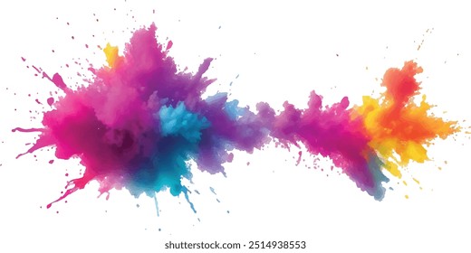 Bright colorful watercolor splash splatter stain brush strokes on white background. Modern vibrant aquarelle spot. Aquarelle explosion on white. Element. Vector watercolor illustration isolated design