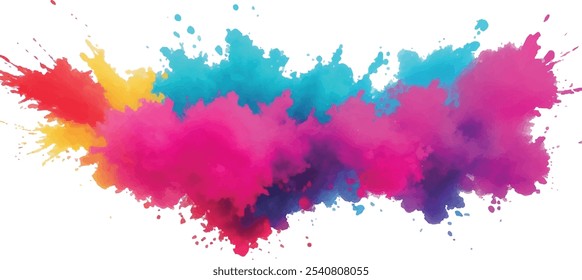 Bright colorful watercolor splash splatter stain brush strokes on white background. Modern vibrant aquarelle spot. Aquarelle explosion on white. Element. Vector watercolor illustration isolated design