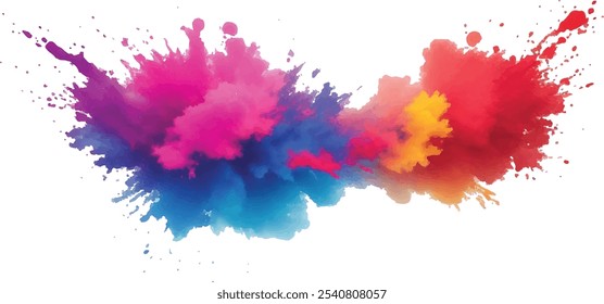 Bright colorful watercolor splash splatter stain brush strokes on white background. Modern vibrant aquarelle spot. Aquarelle explosion on white. Element. Vector watercolor illustration isolated design