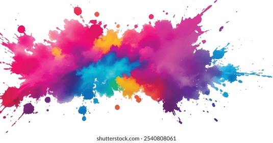 Bright colorful watercolor splash splatter stain brush strokes on white background. Modern vibrant aquarelle spot. Aquarelle explosion on white. Element. Vector watercolor illustration isolated design