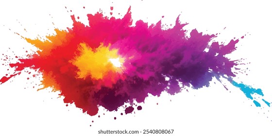 Bright colorful watercolor splash splatter stain brush strokes on white background. Modern vibrant aquarelle spot. Aquarelle explosion on white. Element. Vector watercolor illustration isolated design