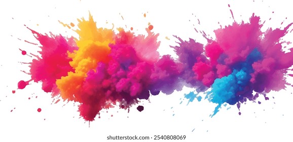 Bright colorful watercolor splash splatter stain brush strokes on white background. Modern vibrant aquarelle spot. Aquarelle explosion on white. Element. Vector watercolor illustration isolated design