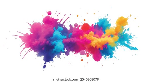 Bright colorful watercolor splash splatter stain brush strokes on white background. Modern vibrant aquarelle spot. Aquarelle explosion on white. Element. Vector watercolor illustration isolated design