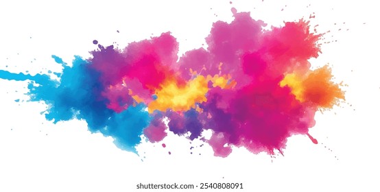 Bright colorful watercolor splash splatter stain brush strokes on white background. Modern vibrant aquarelle spot. Aquarelle explosion on white. Element. Vector watercolor illustration isolated design