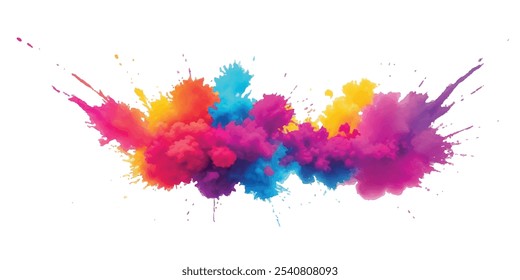 Bright colorful watercolor splash splatter stain brush strokes on white background. Modern vibrant aquarelle spot. Aquarelle explosion on white. Element. Vector watercolor illustration isolated design
