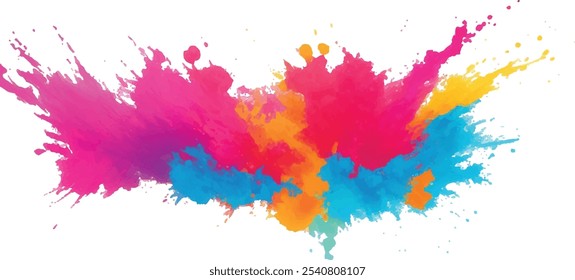 Bright colorful watercolor splash splatter stain brush strokes on white background. Modern vibrant aquarelle spot. Aquarelle explosion on white. Element. Vector watercolor illustration isolated design