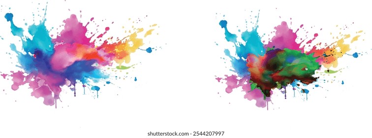 Bright colorful watercolor splash splatter stain brush strokes on white background. Modern vibrant aquarelle spot. Rainbow trendy isolated design on white. Element. Vector watercolor illustration.