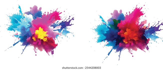 Bright colorful watercolor splash splatter stain brush strokes on white background. Modern vibrant aquarelle spot. Rainbow trendy isolated design on white. Element. Vector watercolor illustration.