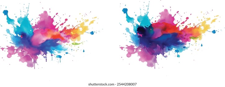 Bright colorful watercolor splash splatter stain brush strokes on white background. Modern vibrant aquarelle spot. Rainbow trendy isolated design on white. Element. Vector watercolor illustration.