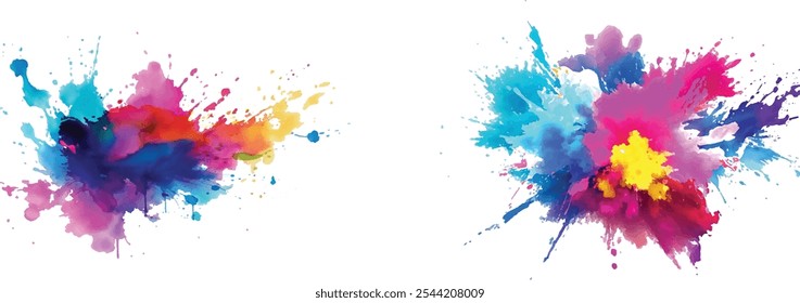 Bright colorful watercolor splash splatter stain brush strokes on white background. Modern vibrant aquarelle spot. Rainbow trendy isolated design on white. Element. Vector watercolor illustration.