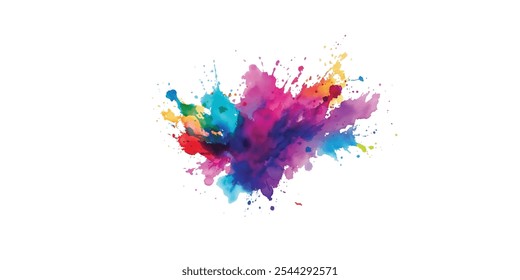 Bright colorful watercolor splash splatter stain brush strokes on white background. Modern vibrant aquarelle spot. Rainbow trendy isolated design on white. Element. Vector watercolor illustration.	