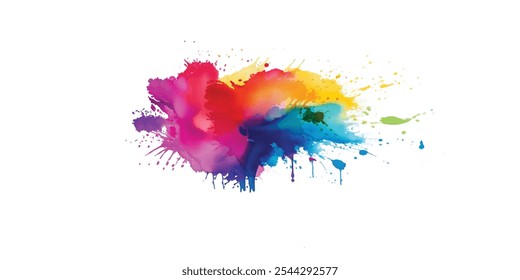 Bright colorful watercolor splash splatter stain brush strokes on white background. Modern vibrant aquarelle spot. Rainbow trendy isolated design on white. Element. Vector watercolor illustration.	
