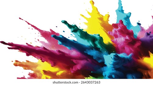 Bright colorful watercolor splash splatter stain brush strokes on white background. Modern vibrant aquarelle spot. Aquarelle explosion on white. Element. Vector watercolor illustration isolated design