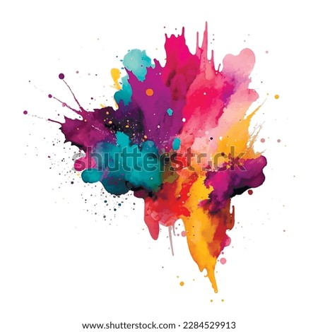 Bright colorful watercolor splash splatter stain brush strokes on white background. Modern vibrant aquarelle spot. Rainbow trendy isolated design on white. Element. Vector watercolor illustration.