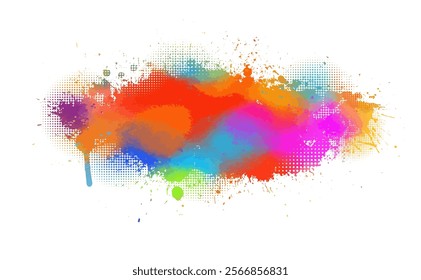 Bright colorful watercolor stain splash splatter brush stroke on white background. Modern vibrant aquarelle spot. Decorative trendy isolated design on white. hand drawn. Not AI. Vector illustration