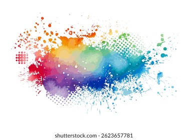 Bright colorful watercolor stain splash splatter brush stroke on white background. Modern vibrant aquarelle spot. Decorative trendy isolated design on white. hand drawn. Not AI. Vector illustration