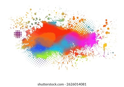 Bright colorful watercolor stain splash splatter brush stroke on white background. Modern vibrant aquarelle spot. Decorative trendy isolated design on white. hand drawn. Not AI. Vector illustration