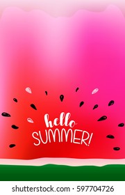 Bright and Colorful Watermelon Poster, vertical orientation, with bursting seeds surrounding Hello Summer! greeting 