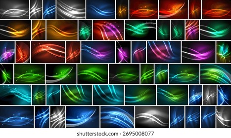 Padrões de ondas coloridas brilhantes preenchem quadros retangulares. Vários matizes criam texturas visuais dinâmicas, presentes gradientes.