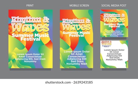 Bright Colorful Waves   Abstract Design for Music Events and Marketing. fluid design template multiple platform for print, mobile screen and social media post vector illustration