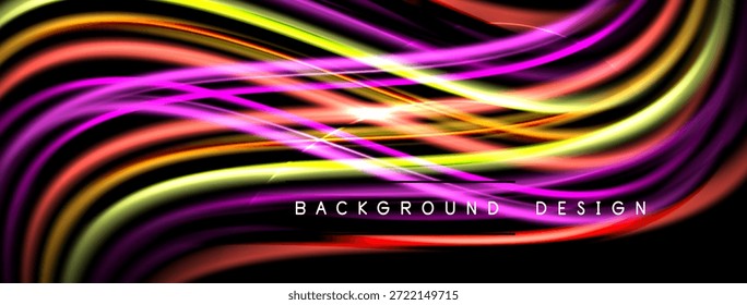Ondas coloridas brillantes fluyen a través del fondo negro. Las líneas dinámicas crean un diseño abstracto moderno. Los destellos de luz agregan interés visual.