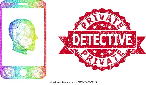 Bright Colorful Wire Frame Cellphone Profile, And Private Detective Scratched Ribbon Seal Imitation. Red Seal Includes Private Detective Text Inside Ribbon.