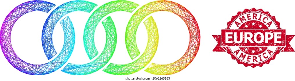 Bright colorful wire frame circle chain, and America Europe grunge ribbon seal. Red seal contains America Europe title inside ribbon.Geometric wire frame 2D network based on circle chain icon,
