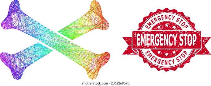 Bright colorful wire frame crossing bones, and Emergency Stop unclean ribbon stamp seal. Red seal has Emergency Stop title inside ribbon.Geometric wire frame flat net based on crossing bones icon,