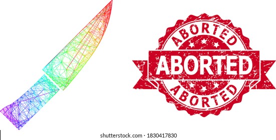 Bright colorful wire frame knife, and Aborted grunge ribbon seal. Red seal includes Aborted caption inside ribbon.Geometric hatched frame 2D net based on knife icon, generated with crossed lines,