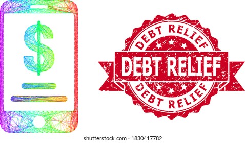 Bright colorful wire frame mobile dollar account, and Debt Relief unclean ribbon seal print. Red stamp seal has Debt Relief tag inside ribbon.