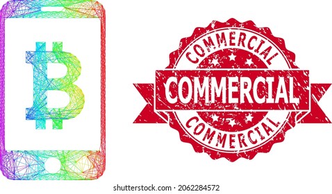 Bright colorful wire frame mobile bitcoin bank, and Commercial unclean ribbon stamp seal. Red stamp seal has Commercial tag inside ribbon.Geometric wire frame 2D net based on mobile bitcoin bank icon,