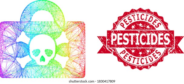 Bright colorful wire frame mortal case, and Pesticides grunge ribbon stamp seal. Red stamp contains Pesticides tag inside ribbon.Geometric hatched frame 2D net based on mortal case icon,