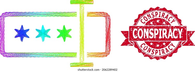 Campo de contraseña del marco de alambre de color brillante y sello de cinta de la conspiración impura. El sello rojo contiene la leyenda de la conspiración dentro de la cinta.Red plana del marco geométrico de alambre basada en el icono del campo de contraseña,