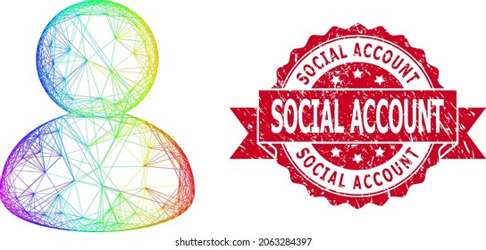 Bright colorful wire frame user, and Social Account grunge ribbon watermark. Red seal contains Social Account text inside ribbon.Geometric wire frame 2D network based on user icon,